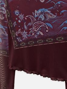 Nöista Burgundy Square-Band Graphic Slim-Fit Long-Sleeved T-Shirt. Street Y2K. Casual, School, Dates, Music Festivals. Fall Winter Parties.Going Out,. - Red Violet - View 10