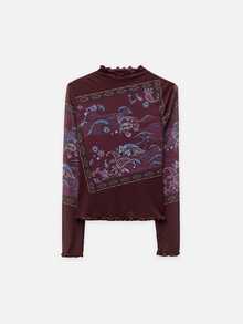 Nöista Burgundy Square-Band Graphic Slim-Fit Long-Sleeved T-Shirt. Street Y2K. Casual, School, Dates, Music Festivals. Fall Winter Parties.Going Out,. - Red Violet - View 8