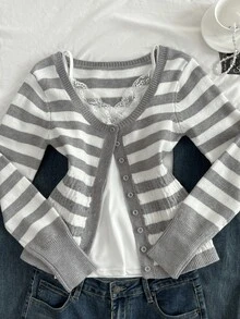 Elamini Women's Round Neck Grey Contrast Color Cable Knit Button Fitted Long Sleeve Cute Delicate Versatile Preppy Style Casual Autumn/Winter Cardigan Teacher - Light Grey - View 1