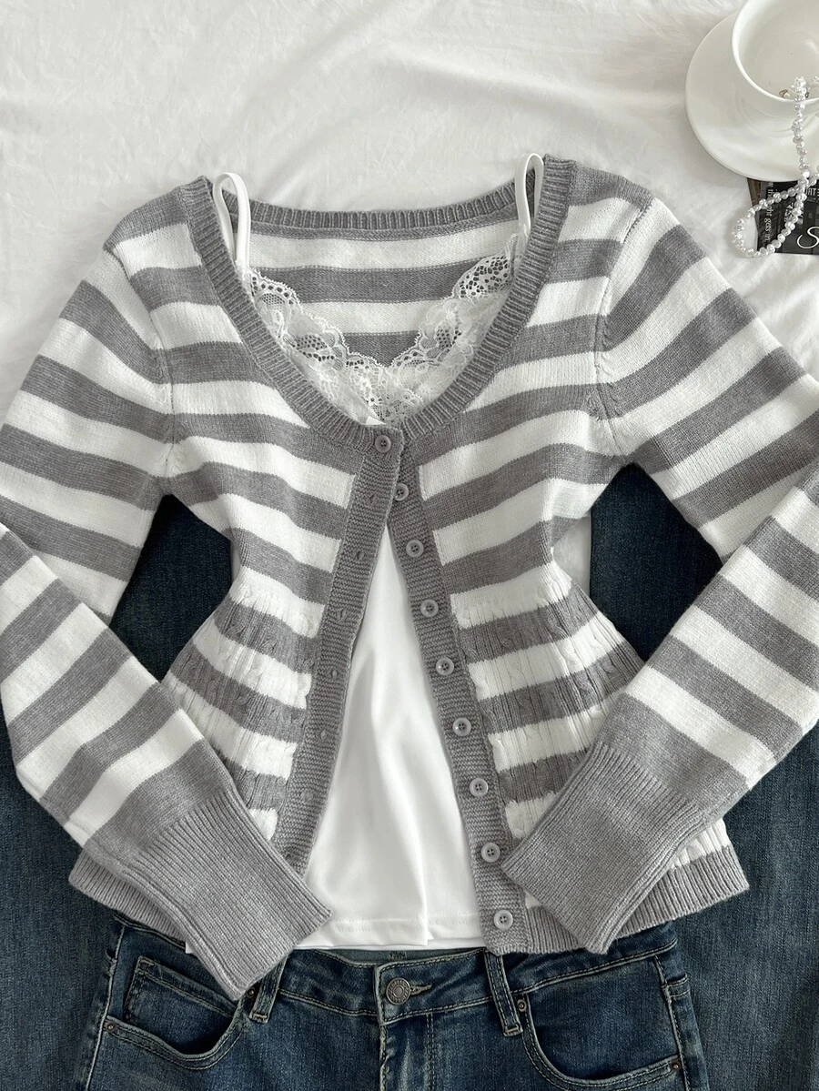 Elamini Women's Round Neck Grey Contrast Color Cable Knit Button Fitted Long Sleeve Cute Delicate Versatile Preppy Style Casual Autumn/Winter Cardigan Teacher - Light Grey - View 1