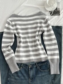 Elamini Women's Round Neck Grey Contrast Color Cable Knit Button Fitted Long Sleeve Cute Delicate Versatile Preppy Style Casual Autumn/Winter Cardigan Teacher - Light Grey - View 2