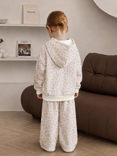 Vintage Fashion Light Gray Leopard Print, Baby Girl Casual Comfortable Hooded Sweatshirt And Loose Sweatpants Set, Suitable For Autumn/Winter Daily, Holiday, Outing, Campus, Sports, Street Chill, Autumn/Winter New, American High Street, Sweet Cool Lazy, Relaxed Fashion