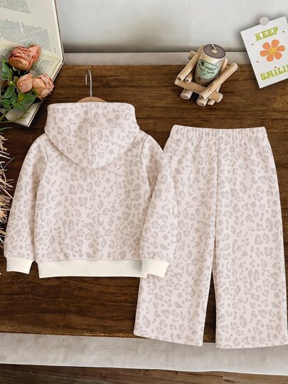 Vintage Fashion Light Gray Leopard Print, Baby Girl Casual Comfortable Hooded Sweatshirt And Loose Sweatpants Set, Suitable For Autumn/Winter Daily, Holiday, Outing, Campus, Sports, Street Chill, Autumn/Winter New, American High Street, Sweet Cool Lazy, Relaxed Fashion