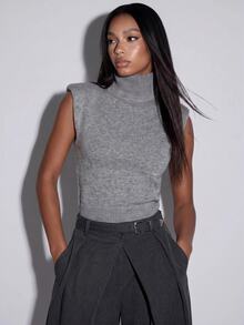 Normani Women's Summer/ Casual Minimalist Basic Modest High Neck Sleeveless Knit Top Office Light Grey - Grey - View 4