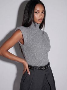 Normani Women's Summer/ Casual Minimalist Basic Modest High Neck Sleeveless Knit Top Office Light Grey - Grey - View 5