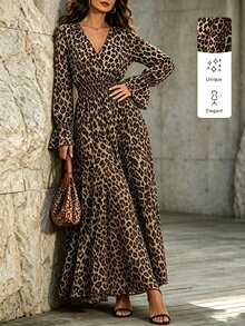 SHEIN Women's Vintage Leopard Print Dress, Shirred Flared Long Sleeve Shirred Elastic High Waist Slimming A-Line Dress, Spring/Autumn - Multicolor - View 5