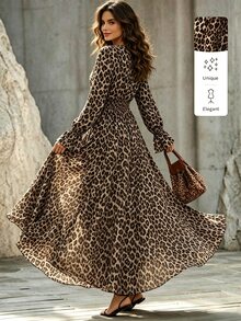 SHEIN Women's Vintage Leopard Print Dress, Shirred Flared Long Sleeve Shirred Elastic High Waist Slimming A-Line Dress, Spring/Autumn - Multicolor - View 3
