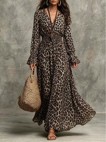 SHEIN Women's Vintage Leopard Print Dress, Shirred Flared Long Sleeve Shirred Elastic High Waist Slimming A-Line Dress, Spring/Autumn - Multicolor - View 2