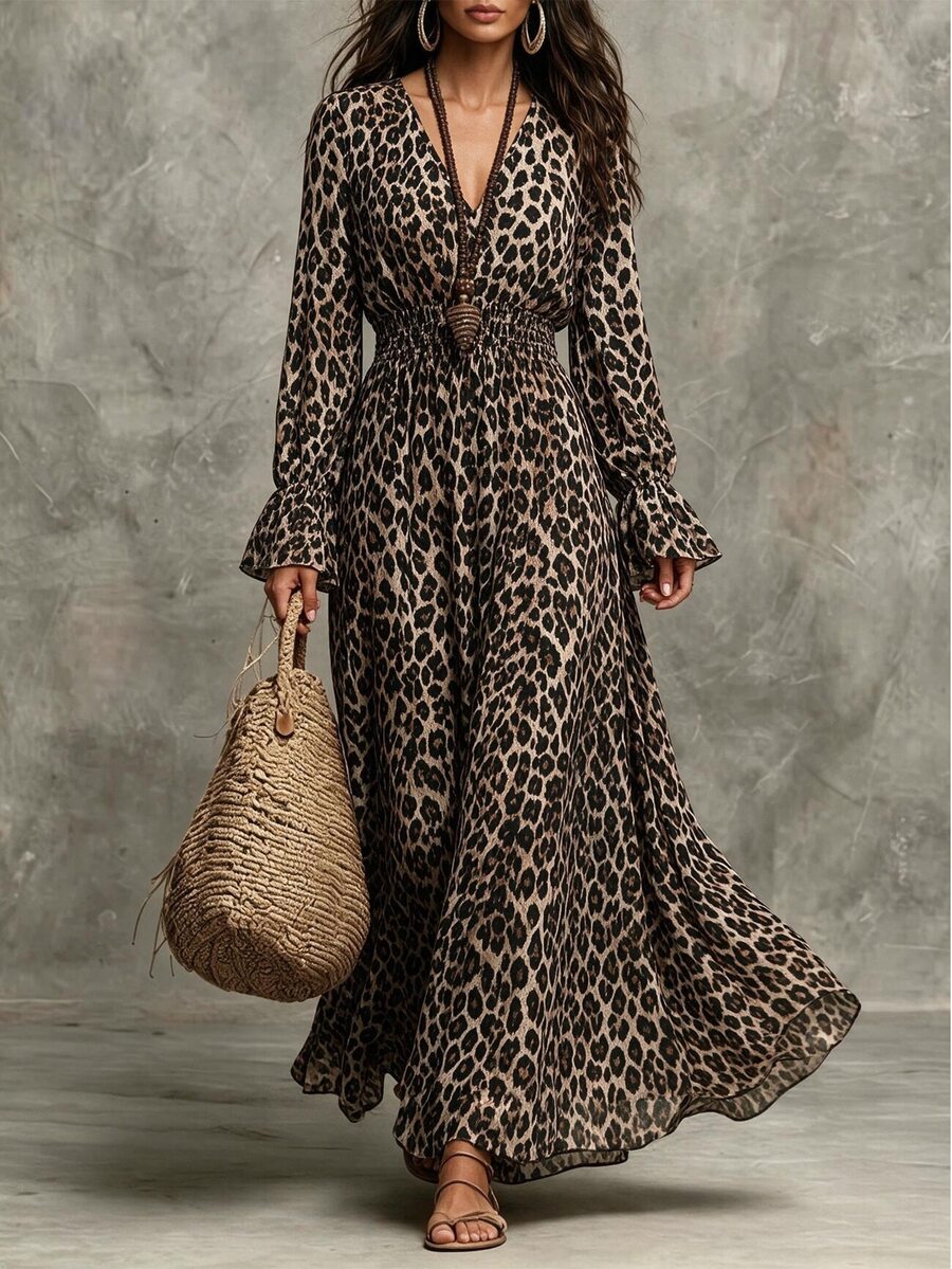 SHEIN Women's Vintage Leopard Print Dress, Shirred Flared Long Sleeve Shirred Elastic High Waist Slimming A-Line Dress, Spring/Autumn
