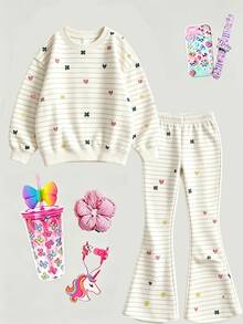 Girls' Striped Colorful Heart & Floral Set, Fresh Fine Striped Background With Colorful Floral & Heart Decor, Full Of Playful Vibe. Round Neck Loose Sweatshirt Paired With Matching Wide Leg Pants, Elastic Waist Loose Fit, Korean Gentle Style, Suitable For Daily Outings And School, Girls' Autumn/Winter Versatile 2 Pieces Set For Back To School, Christmas, Halloween - Multicolor - View 3