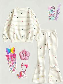 Girls' Striped Colorful Heart & Floral Set, Fresh Fine Striped Background With Colorful Floral & Heart Decor, Full Of Playful Vibe. Round Neck Loose Sweatshirt Paired With Matching Wide Leg Pants, Elastic Waist Loose Fit, Korean Gentle Style, Suitable For Daily Outings And School, Girls' Autumn/Winter Versatile 2 Pieces Set For Back To School, Christmas, Halloween - Multicolor - View 4