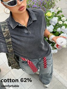 Muchica 大码女式纯色休闲百搭日常短袖T恤 - 黑色 - 查看 3