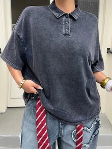 Muchica 大码女式纯色休闲百搭日常短袖T恤 - 黑色 - 查看 6