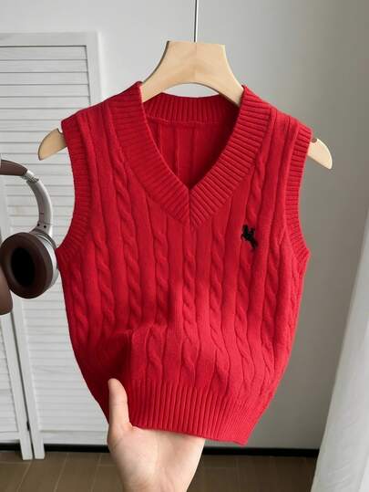SHEIN Tween Girl Red Cable Knit Sweater Vest, Soft Cozy , V-Neck Sleeveless Preppy Style, Comfortable Layer For Boys And Girls, Soft Comfortable Pullover