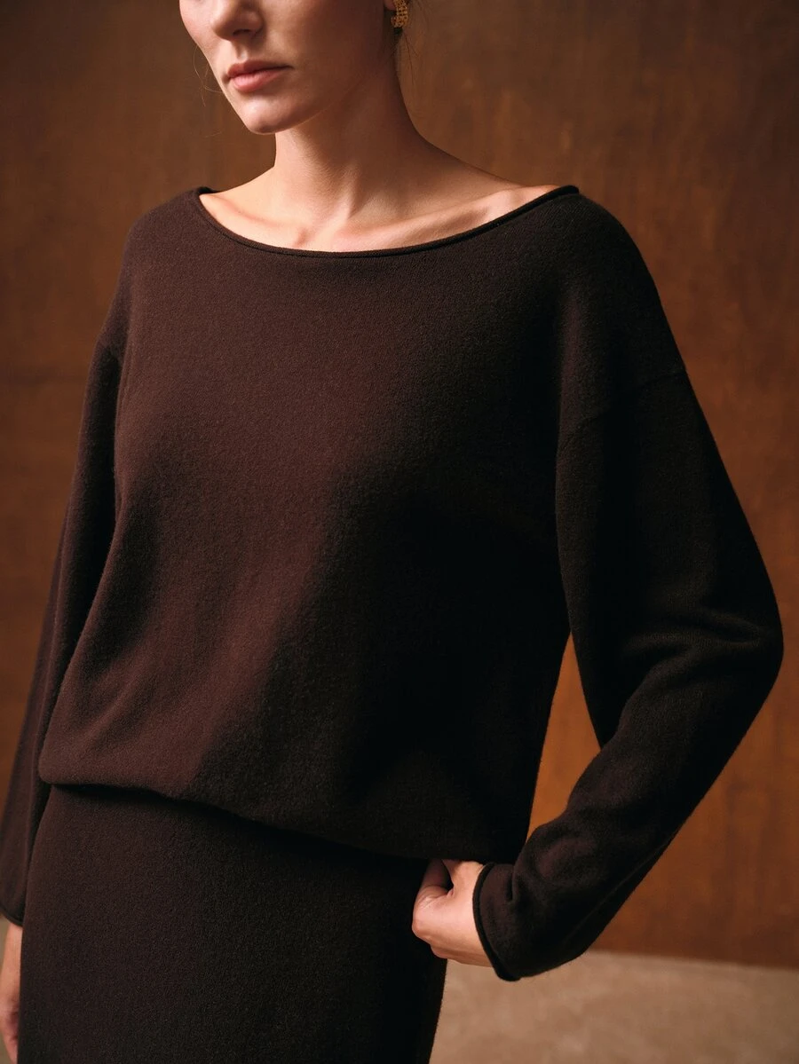 MOTF PREMIUM WOMEN'S SOLID COLOR BOAT NECK DROP SHOULDER LOOSE SWEATER - Coffee Brown - View 2