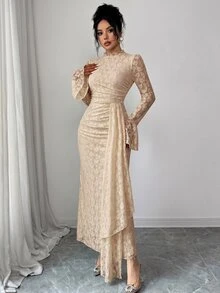 Modelyn French Design Lace Semi-High Neck Ribbon Cinched Waist Ruched Women's Dress - Khaki - View 7
