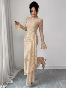 Modelyn French Design Lace Semi-High Neck Ribbon Cinched Waist Ruched Women's Dress - Khaki - View 6
