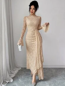 Modelyn French Design Lace Semi-High Neck Ribbon Cinched Waist Ruched Women's Dress - Khaki - View 4