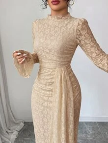 Modelyn French Design Lace Semi-High Neck Ribbon Cinched Waist Ruched Women's Dress - Khaki - View 2