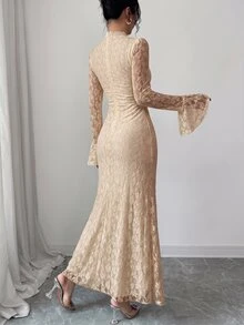 Modelyn French Design Lace Semi-High Neck Ribbon Cinched Waist Ruched Women's Dress - Khaki - View 5
