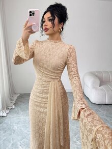 Modelyn French Design Lace Semi-High Neck Ribbon Cinched Waist Ruched Women's Dress - Khaki - View 3