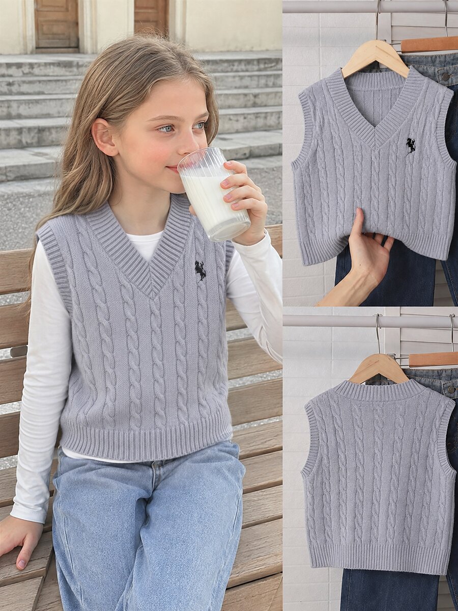 SHEIN Tween Girl) Light Apricot V-Neck Embroidered Knit Sweater Vest, Soft And Comfortable, Suitable For Daily Wear, Outings, Travel, Vacation, Daycare, And Play