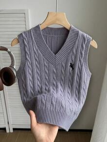 SHEIN Tween Girl) Light Apricot V-Neck Embroidered Knit Sweater Vest, Soft And Comfortable, Suitable For Daily Wear, Outings, Travel, Vacation, Daycare, And Play - Grey - View 3