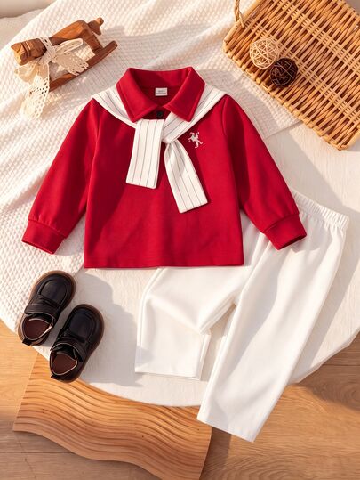 3pcs/Set Baby Boy Comfortable Casual Versatile Daily Fashion Minimalist Style College Style Red Stand Collar Long Sleeve T-Shirt POLO Shirt Knitted Top And White Striped Shawl And White Long Pants Dress Pants And Belt Multi-Piece Set Uniform Formal Wear, Suitable For Spring And Summer, Outdoor, Daily, Sports, Play, Party,