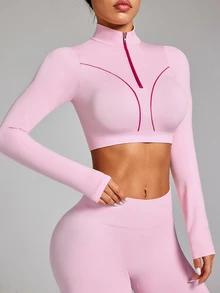 Easithlete Pink Seamless Long Sleeve Sports Fitness T-Shirt - Pink - View 5