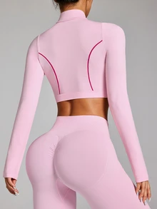 Easithlete Pink Seamless Long Sleeve Sports Fitness T-Shirt - Pink - View 6
