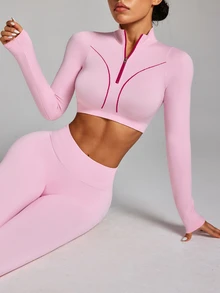 Easithlete Pink Seamless Long Sleeve Sports Fitness T-Shirt - Pink - View 2