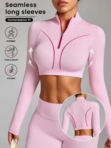 Easithlete Pink Seamless Long Sleeve Sports Fitness T-Shirt - Pink - View 1