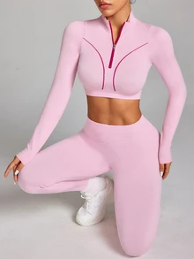 Easithlete Pink Seamless Long Sleeve Sports Fitness T-Shirt - Pink - View 4