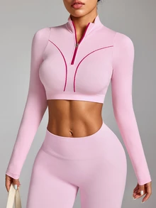 Easithlete Pink Seamless Long Sleeve Sports Fitness T-Shirt - Pink - View 3