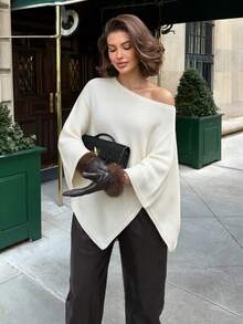 SHEIN بونشو محبوك جديد للربيع والصيف بتصميم ساحلي بسيط غير متماثل للنساء، بياقة قارب وحافة مثلثية، مناسب للمنتجعات والتنسيق متعدد الطبقات - أبيض - مشاهدة 2