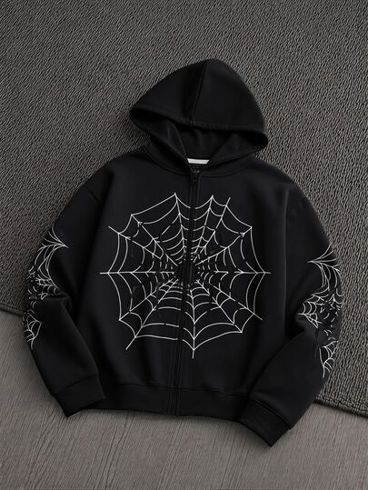 Mainfolk Sudadera con capucha holgada para hombre con estampado de telaraña, cremallera, sin camiseta, para Halloween, salir, club, negro y blanco, otoño, streetwear