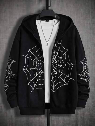Mainfolk Loose Men Spider Web Print Zip Up Hoodie Without Tee Halloween Going Out Club Black And White Autumn Streetwear