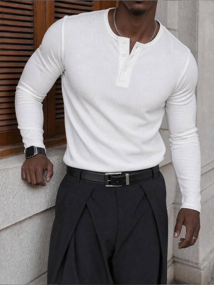 Mainfolk Men's Casual Versatile White Long Sleeve T-Shirt - White - View 1