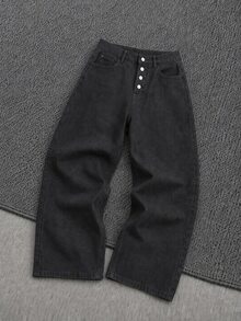 Mainfolk Celana Jeans Denim Pria Warna Hitam Polos dengan Kancing Depan, Potongan Lebar, Celana Lurus Kasual Serbaguna, Pakaian Jalanan Musim Panas dan Liburan - Hitam - View 2