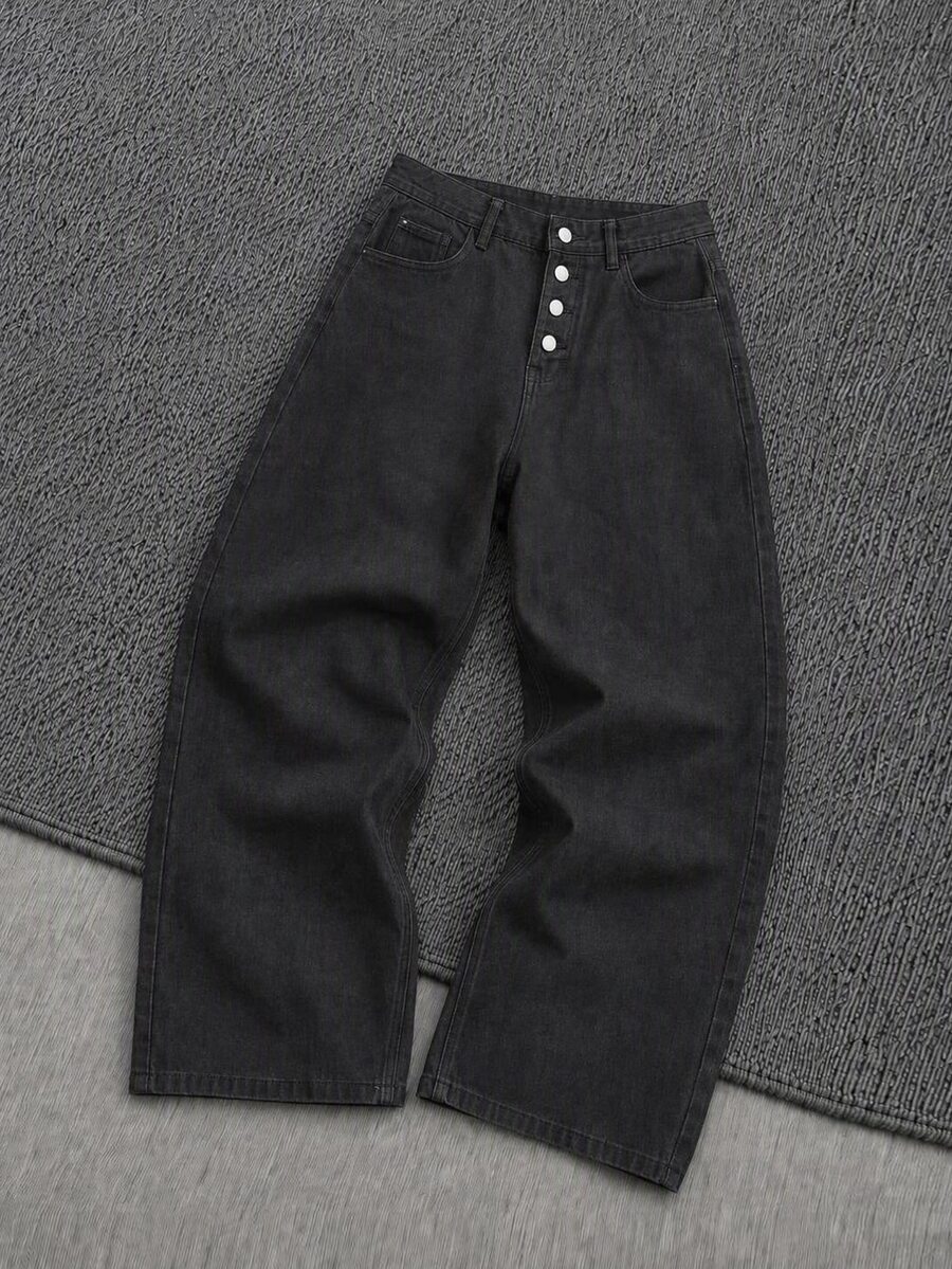 Mainfolk Celana Jeans Denim Pria Warna Hitam Polos dengan Kancing Depan, Potongan Lebar, Celana Lurus Kasual Serbaguna, Pakaian Jalanan Musim Panas dan Liburan
