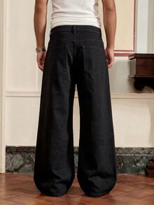Mainfolk Celana Jeans Denim Pria Warna Hitam Polos dengan Kancing Depan, Potongan Lebar, Celana Lurus Kasual Serbaguna, Pakaian Jalanan Musim Panas dan Liburan - Hitam - View 6