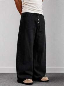 Mainfolk Celana Jeans Denim Pria Warna Hitam Polos dengan Kancing Depan, Potongan Lebar, Celana Lurus Kasual Serbaguna, Pakaian Jalanan Musim Panas dan Liburan - Hitam - View 3