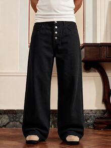 Mainfolk Celana Jeans Denim Pria Warna Hitam Polos dengan Kancing Depan, Potongan Lebar, Celana Lurus Kasual Serbaguna, Pakaian Jalanan Musim Panas dan Liburan - Hitam - View 5