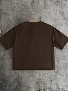 Mainfolk 男士撞色3D字母图案休闲百搭通勤短袖Polo衫 - 咖啡棕 - 查看 4