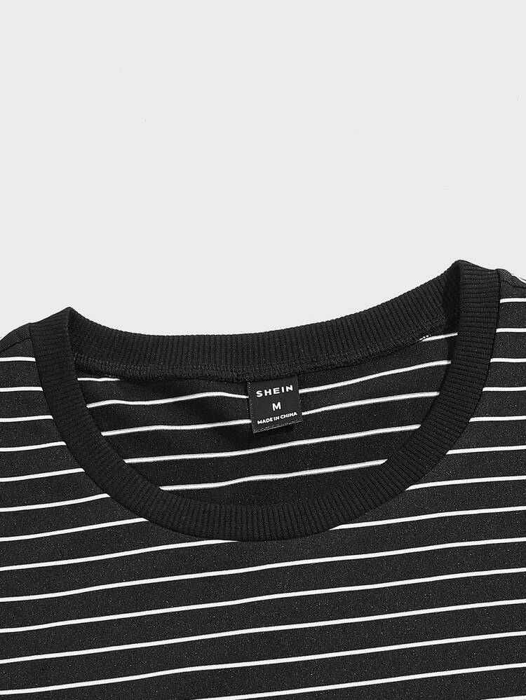 Mainfolk Men Striped Print Patched Detail Tee, Summer, Fall, Couple Things, Long Sleeve Top - Black - View 5