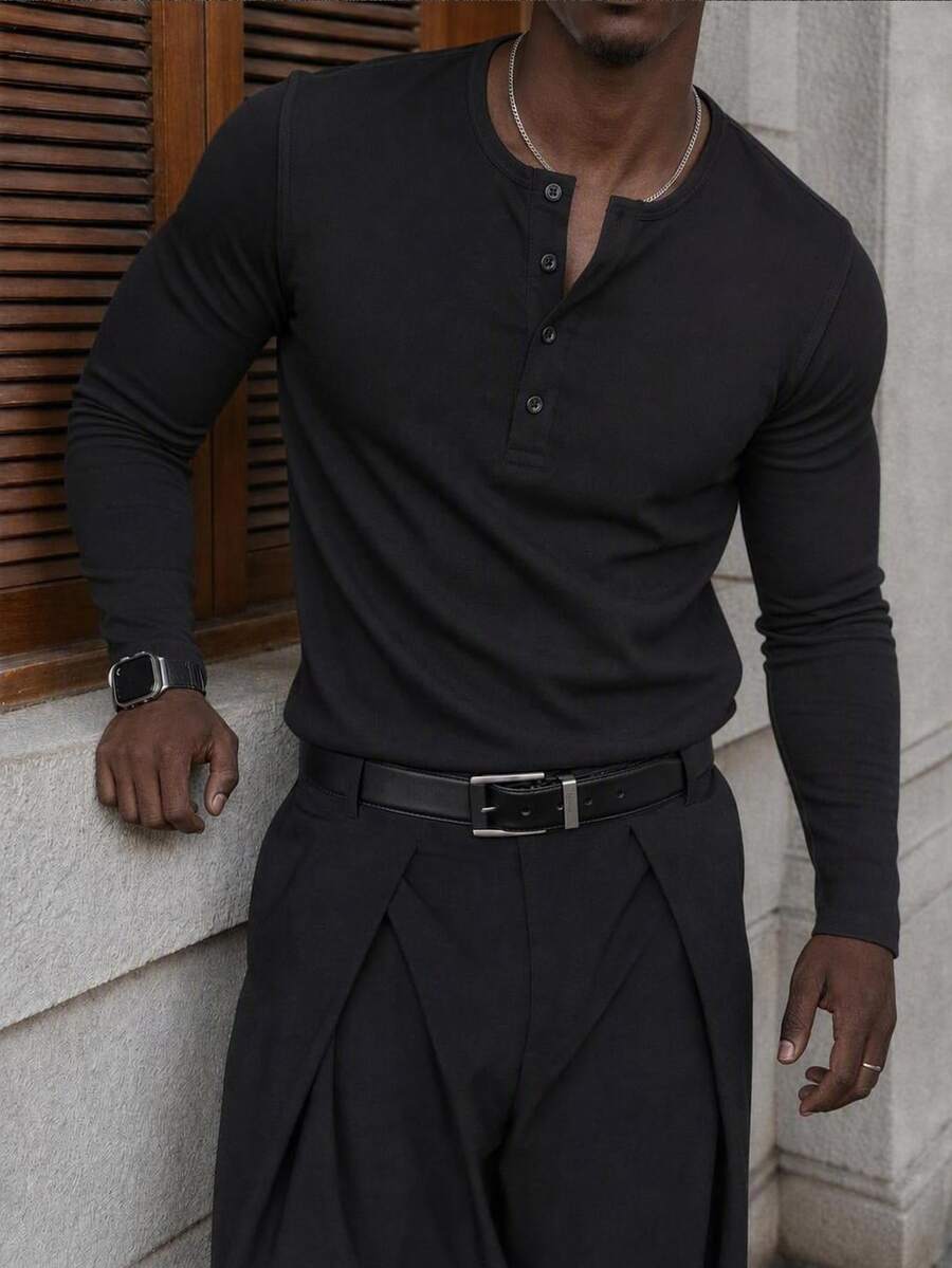 Mainfolk Men's Solid Color Button Half-Placket Long Sleeve Casual T-Shirt - Black - View 1