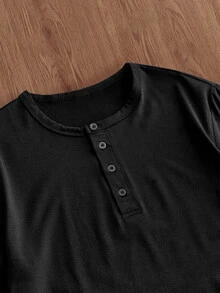 Mainfolk Men's Solid Color Button Half-Placket Long Sleeve Casual T-Shirt - Black - View 5