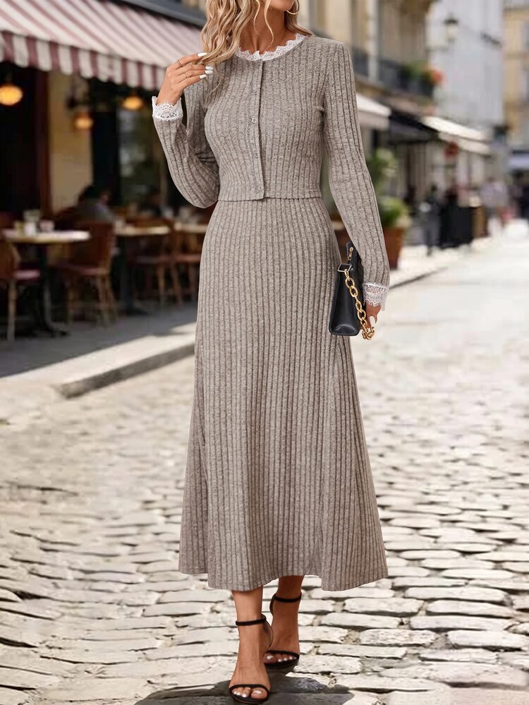 Editum Women's Button Lace Patchwork Knit Cardigan And Skirt 2 Pieces Set Autumn/Winter Halloween Christmas - Khaki - View 4