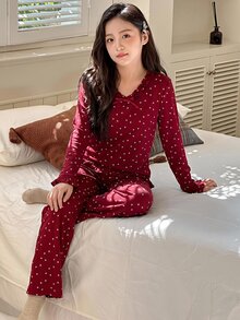 DAZY 大童女童秋季圓領針織印花短袖T恤＋格紋睡褲居家休閒套裝 - 紅色 - 查看 6