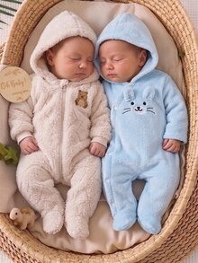 Newborn Long Sleeve Footed Romper, Double-Sided Flannel, White, Cute Otter Embroidery, Home Wear, Family Matching Autumn All-Match - Baby Blue - View 8